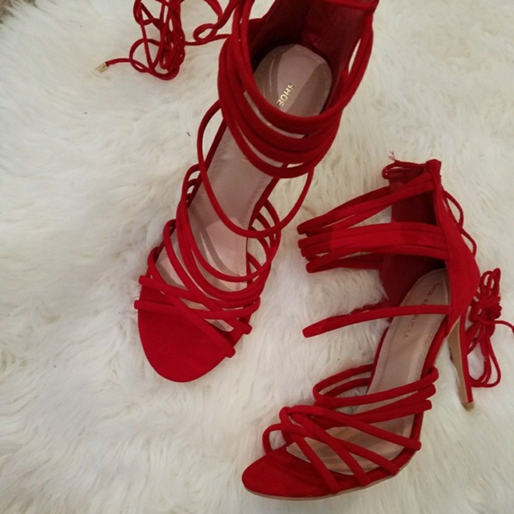 Red Strappy, lace-up Heels